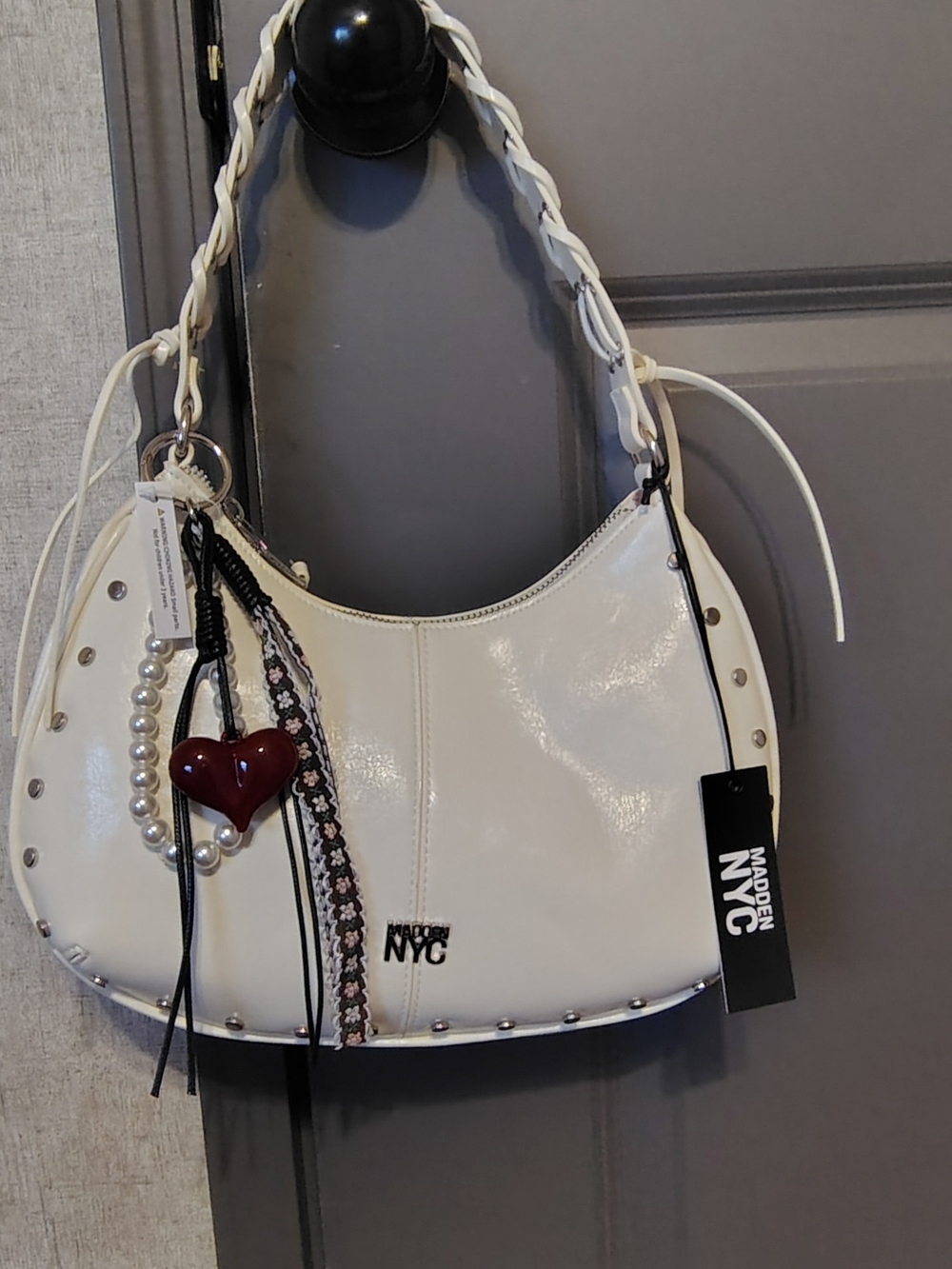 Madden NYC Women's Half Moon Stud Shoulder Bag with Charms White
